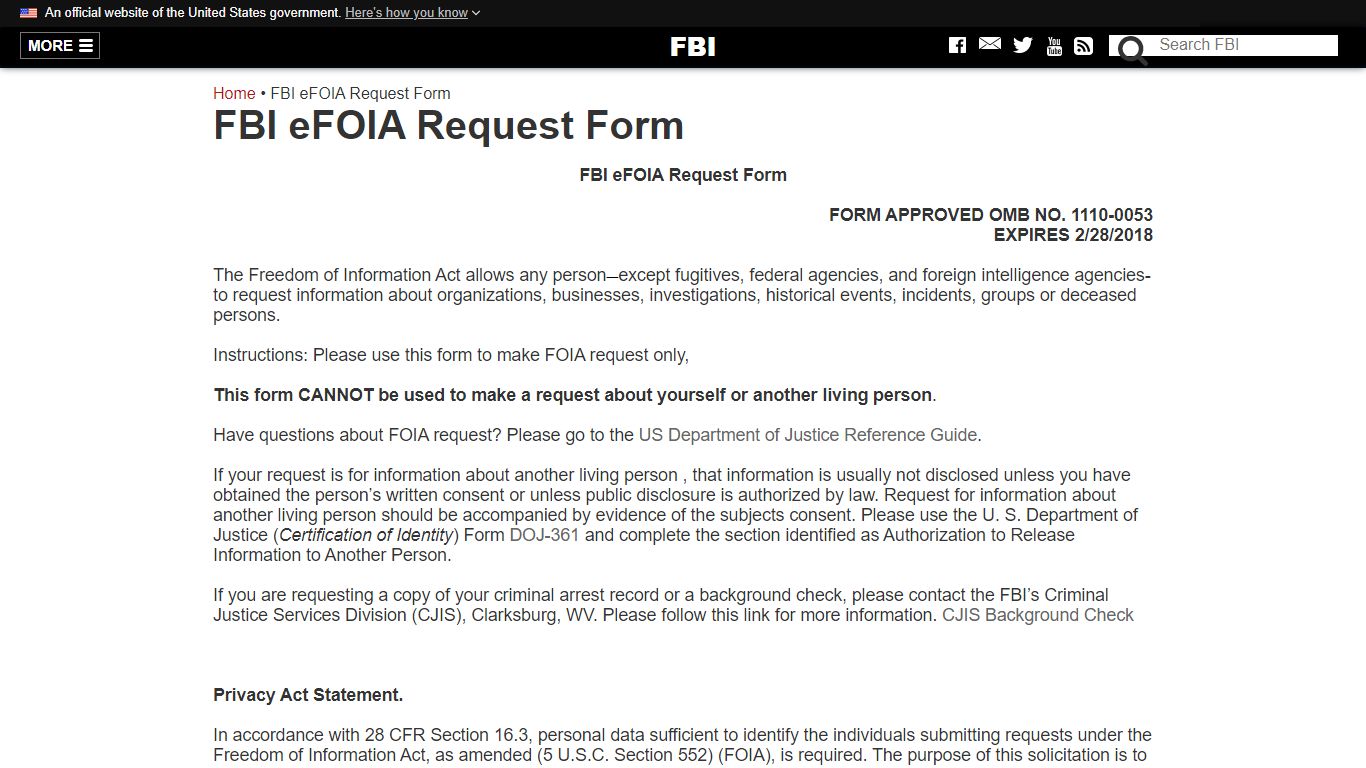 FBI eFOIA Request Form