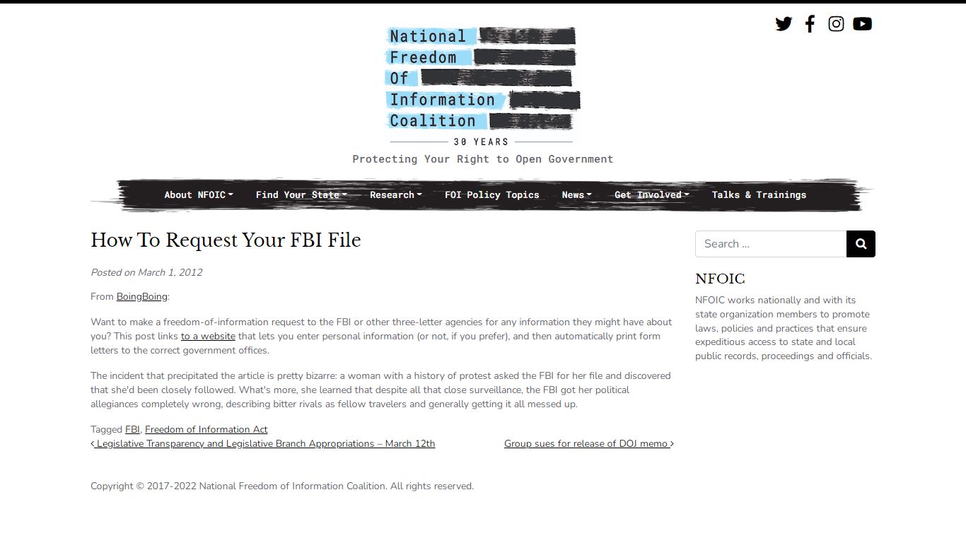How To Request Your FBI File – National Freedom of Information Coalition